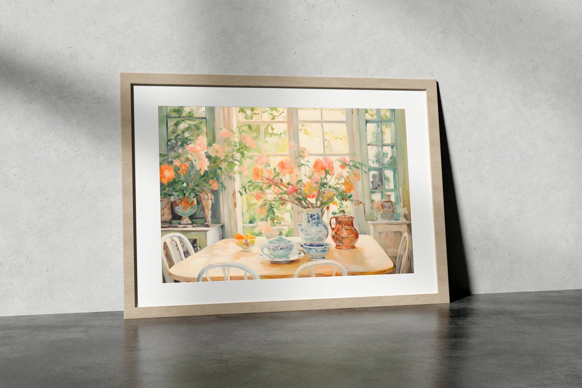 Sunlit Dining Room with Flowers and Teapot Impressionist Wall Art - Image 3