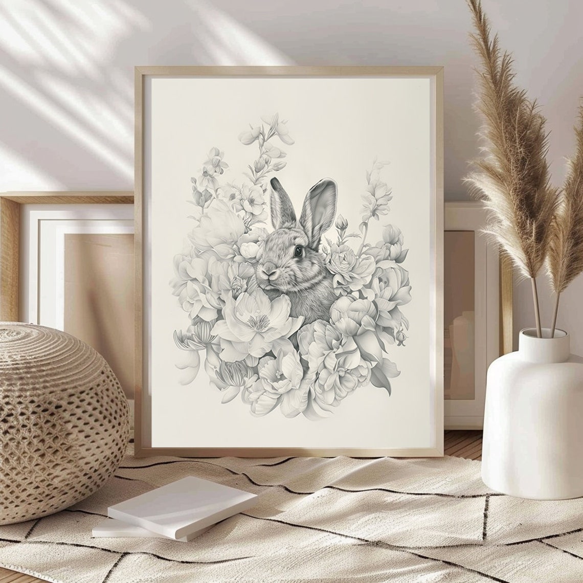 Bunny in a Circle of Gray Blooms Sketch Style Nursery Wall Art - Image 5