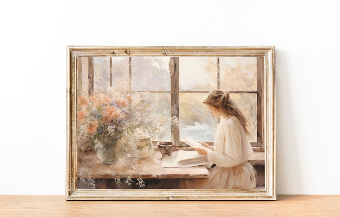 Woman Reading by a Sunlit Window with Flowers in Cozy Style Wall Art - Image 3