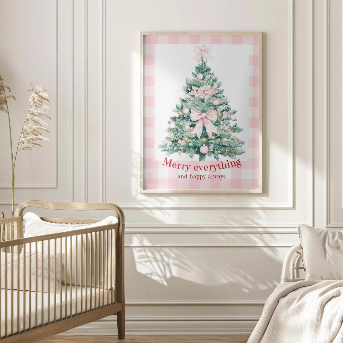 Pink Bow Christmas Tree Merry Everything Text on Pink Gingham Poster - Image 4