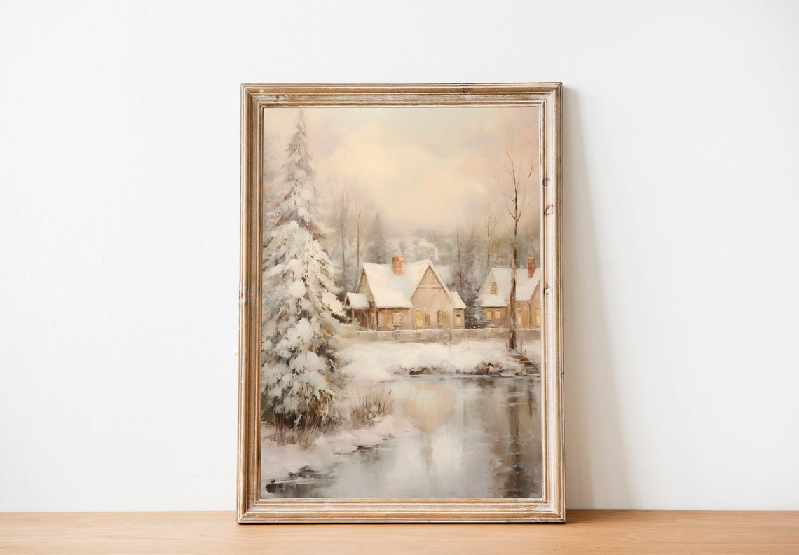 Snowy Cabins by a Frozen Pond with Tall Pines Winter Scene Poster - Image 2