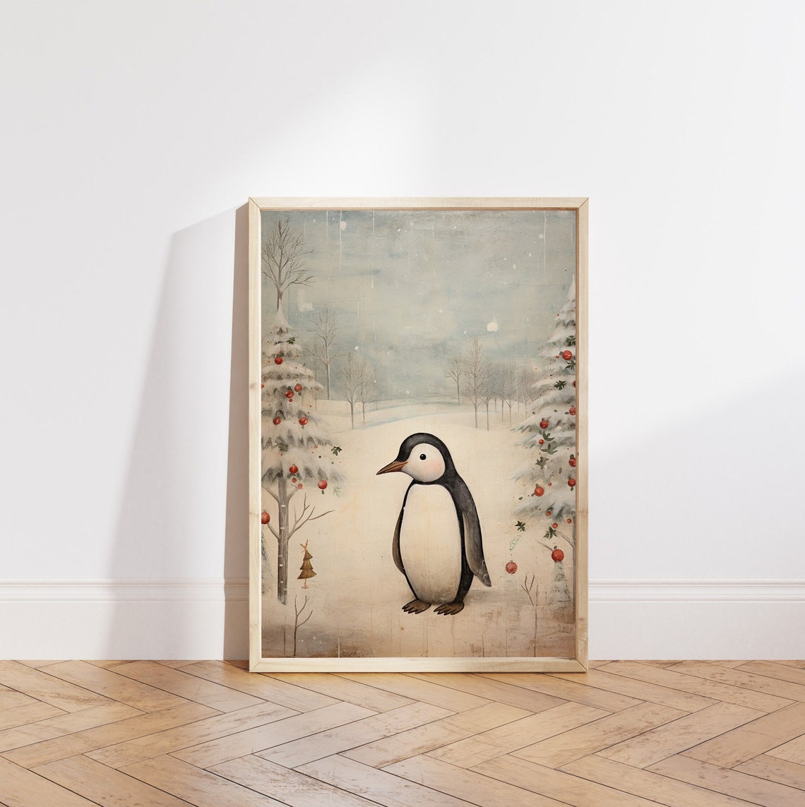 Cute Penguin among Snowy Berry Trees Vintage Winter Scene Poster - Image 5