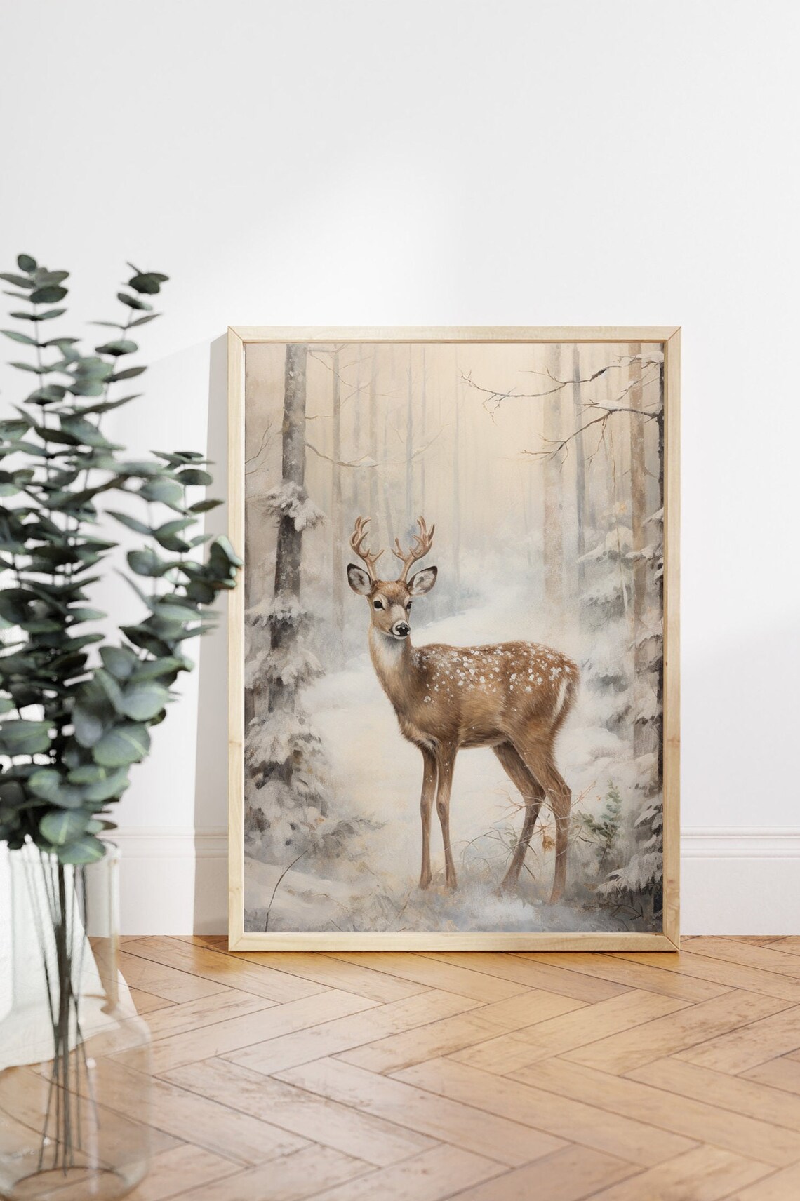 Vintage Christmas Deer Painting, Winter Forest Art Print - Image 4