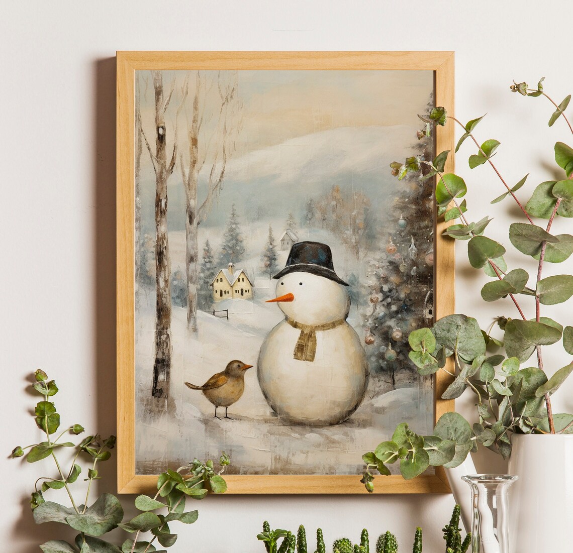 Cute Snowman with Bird in Snowy Christmas Village Art Poster