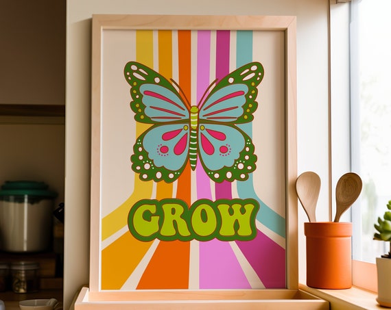 Retro Quote Wall Print Butterfly Art Grow Retro Poster Print Wall Decor Large Art Prints