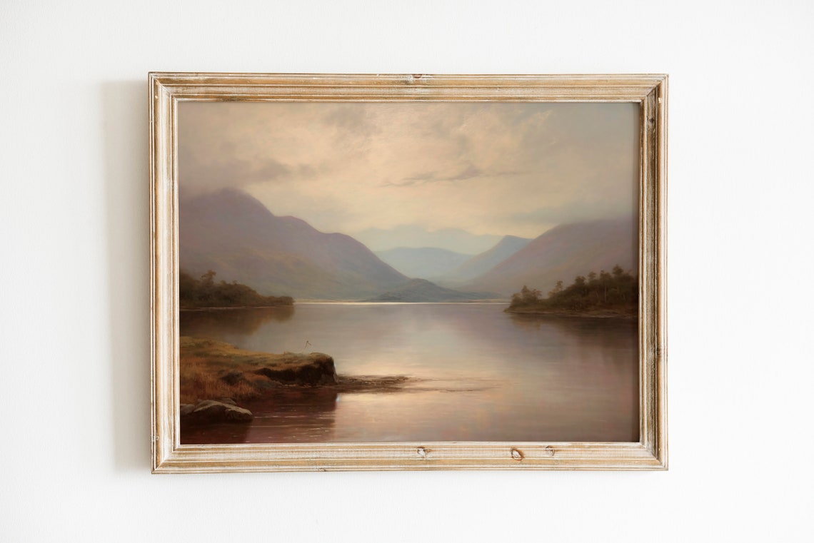 Misty Mountain Lake Vintage Landscape Painting In Ornate Frame Print - Image 3