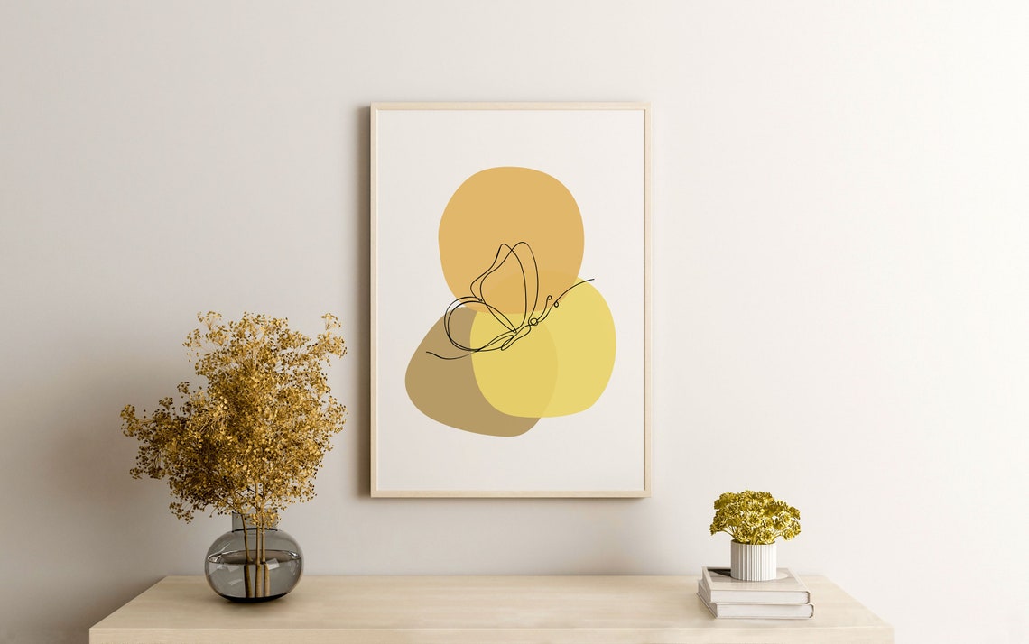 Minimalist Butterfly Line Art Over Mustard Yellow Shapes Boho Wall Art - Image 3