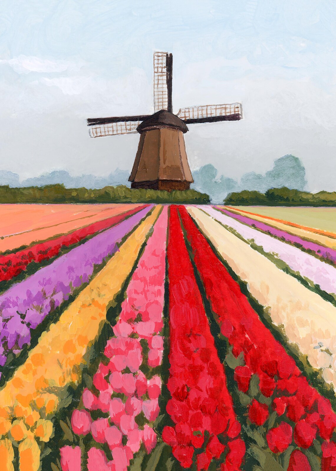 Netherlands Tulips Watercolor Landscape Art Print - Image 2