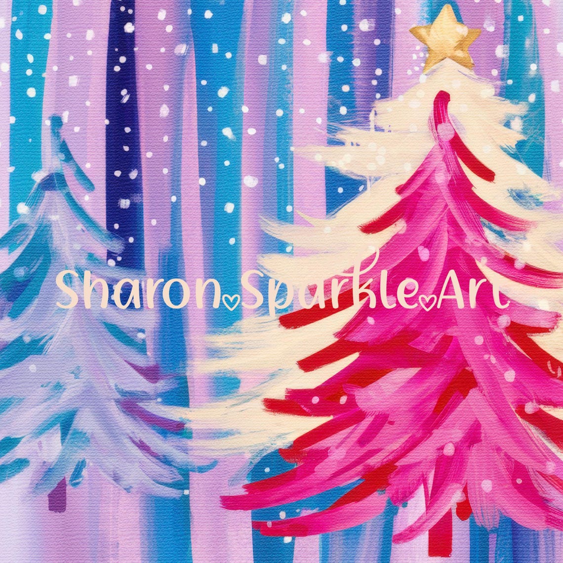 Pink Blue White Whimsical Christmas Trees Snowy Abstract Poster - Image 4