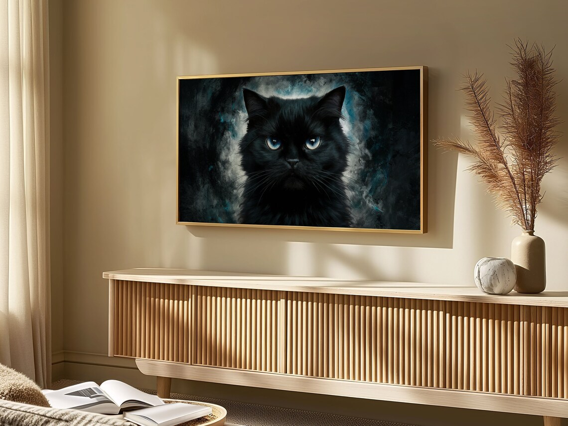 Black Cat Blue Eyes Moody Dark Gothic Halloween Cat Painting Wall Art - Image 4