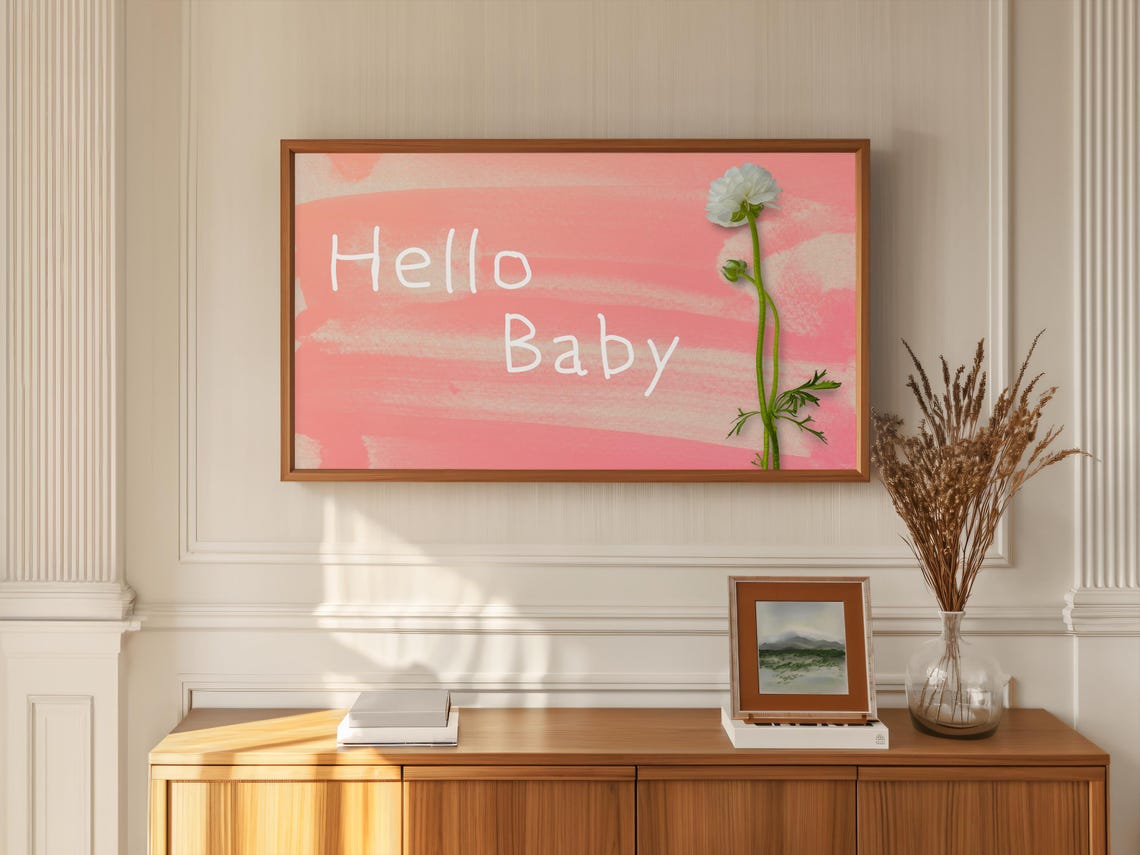 Frame Tv Art Baby Shower Hello Baby Tv Picture Pink Baby Shower Party Decor Minimalist Flower Baby Girl Shower For Tv Screen - Image 4