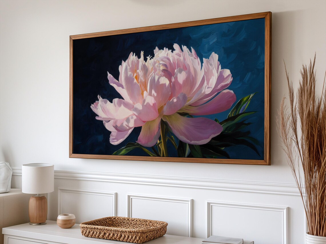 Pink Peony Flower Navy Blue Background Moody Botanical Poster - Image 5