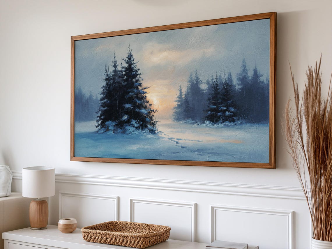 Snowy Pine Forest Twilight Blue Tones Minimalist Winter Poster