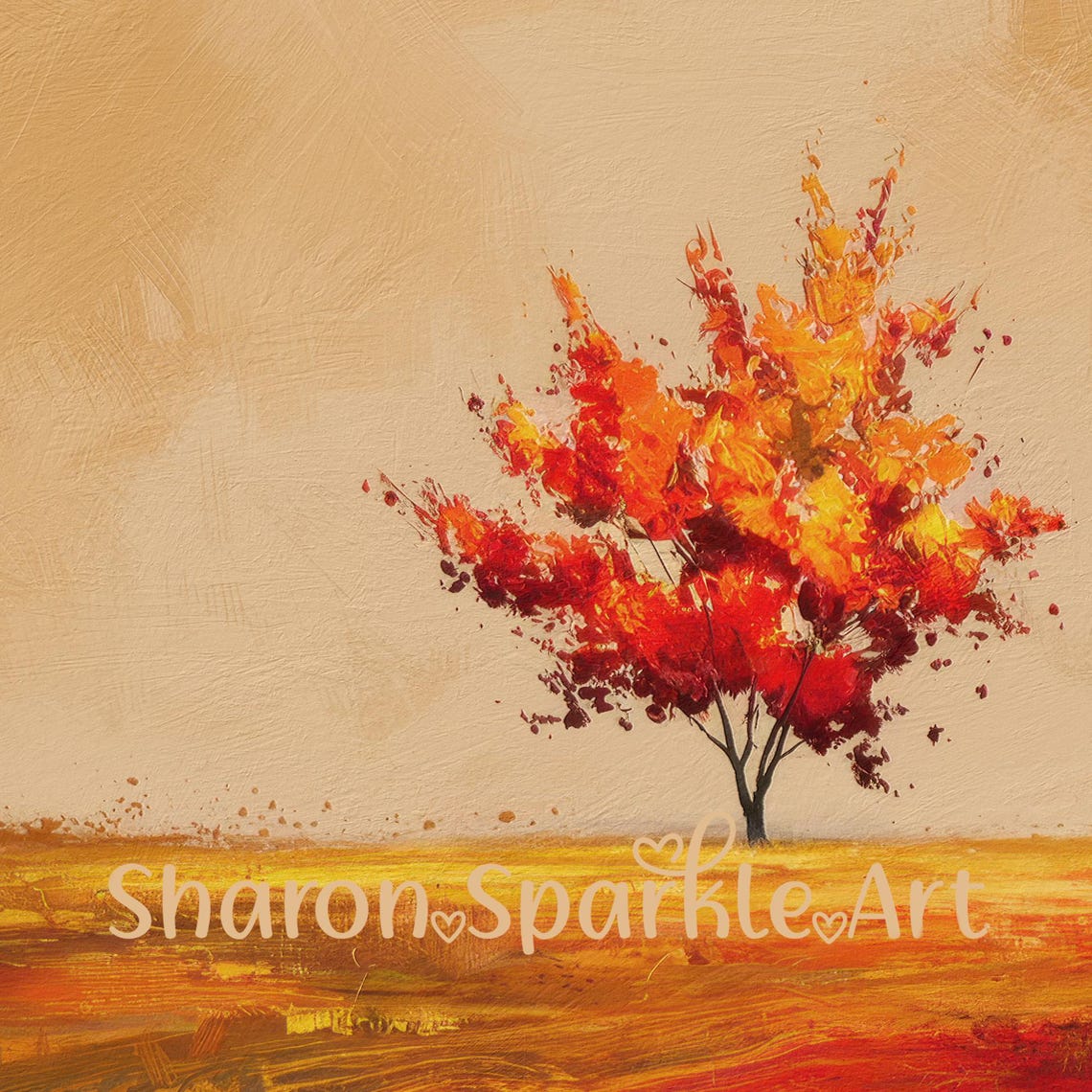 Lone Red Autumn Tree Golden Field Minimalist Fall Landscape Art Poster - Image 4