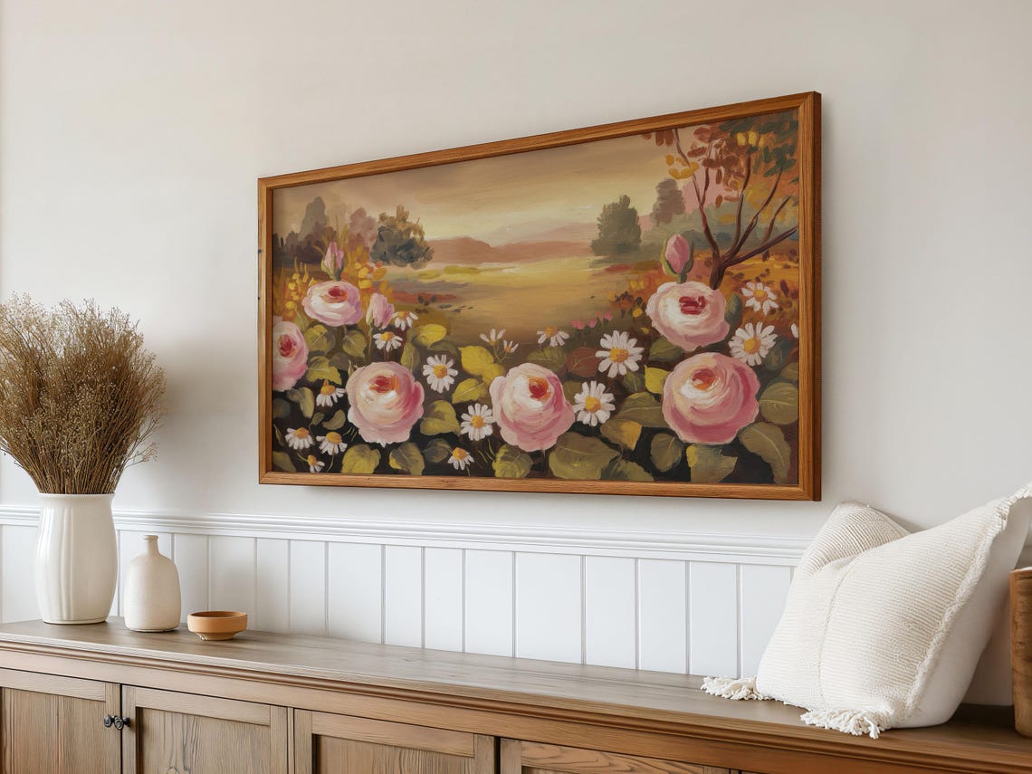 Pink Roses Daisies Sunset Garden Rustic Cottagecore Floral Poster