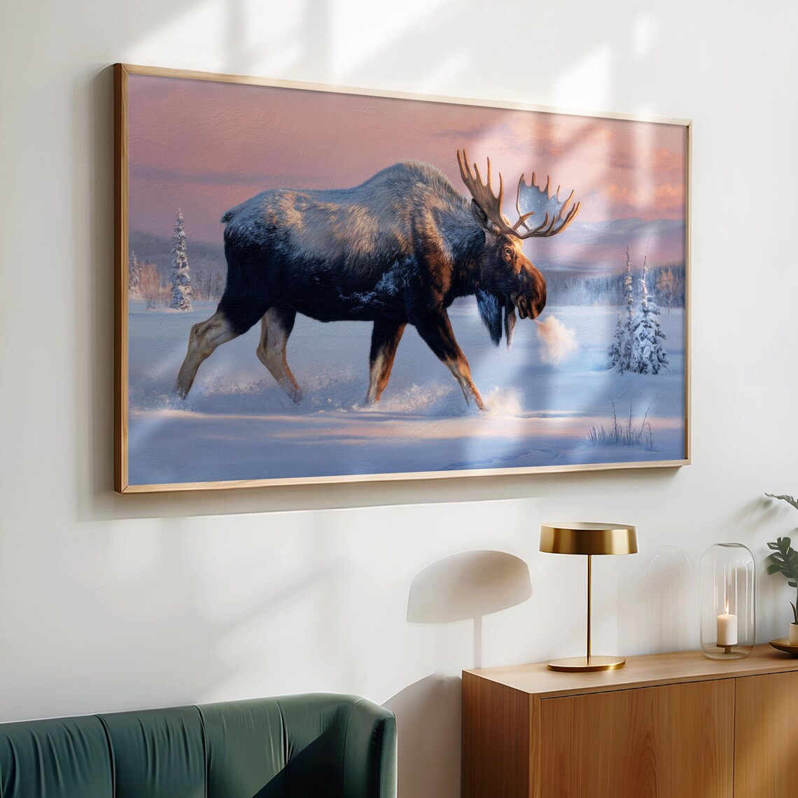 Bull Moose Walking Snowy Forest Dusk Pink Sky Wildlife Poster - Image 2