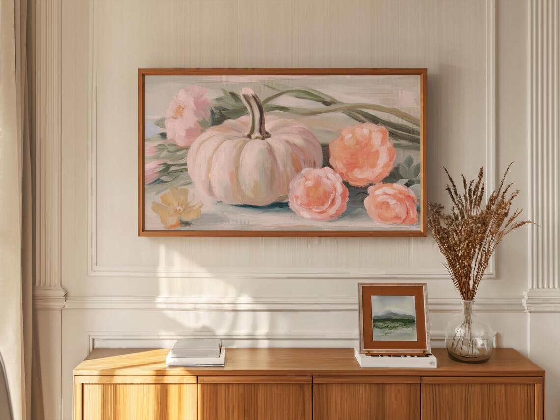 White Pumpkin Pink Peonies Floral Fall Painting Vintage Autumn Art Poster - Image 3