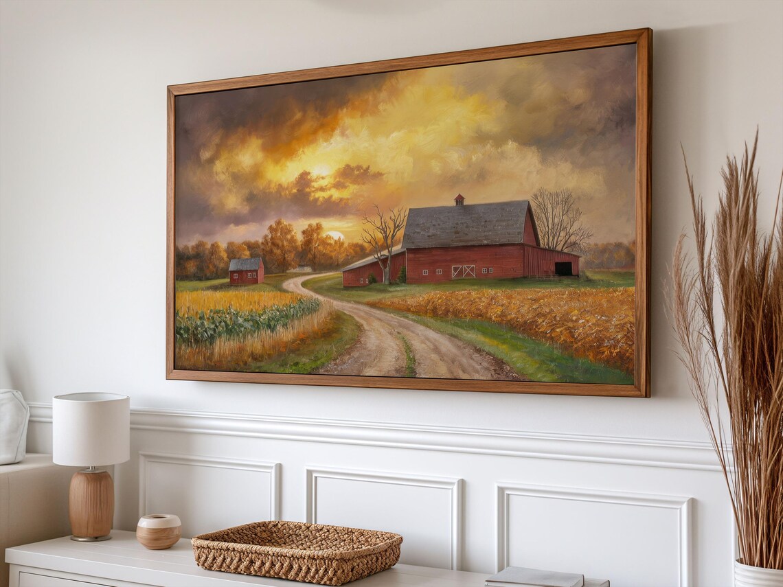 Red Barn Golden Sunset Dirt Road Country Farmhouse Autumn Art Poster - Image 2