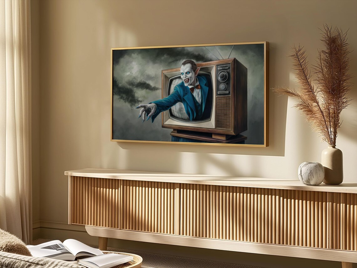 Retro Vampire Climbing Out Vintage TV Dark Moody Halloween Art Poster - Image 2