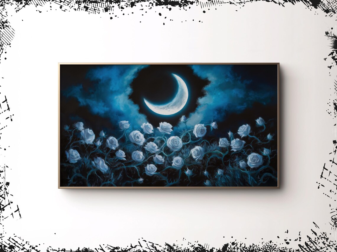 White Roses Crescent Moon Dark Blue Night Gothic Floral Art Poster - Image 3