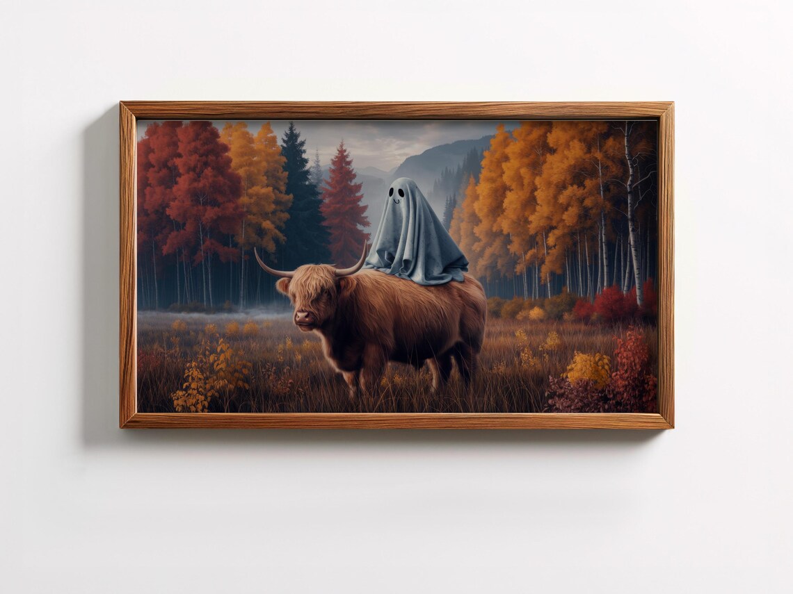 Highland Cow Ghost Rider Autumn Forest Cute Spooky Halloween Funny Poster - Image 2