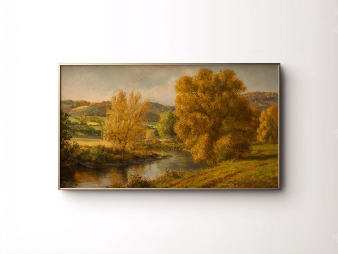 Golden Autumn Countryside River Valley Vintage Landscape Poster