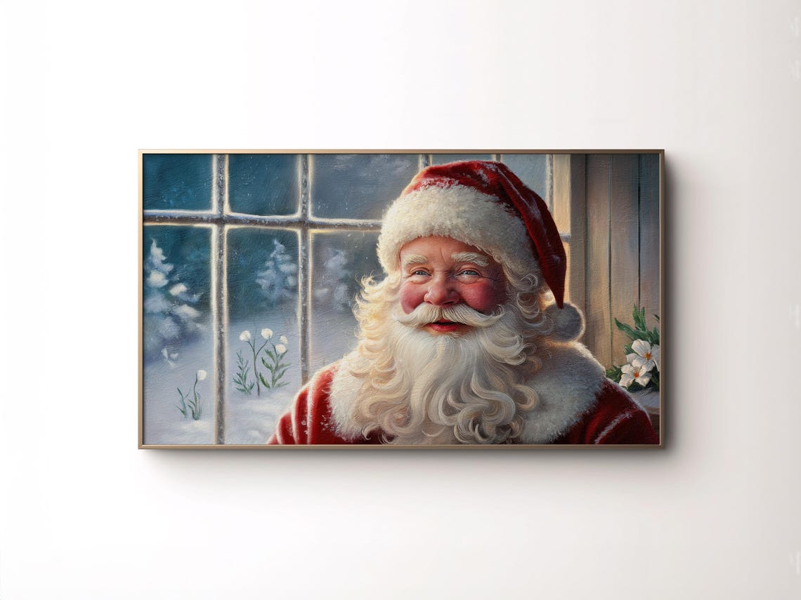 Vintage Santa Claus Portrait Snowy Window Nostalgic Christmas Poster - Image 3