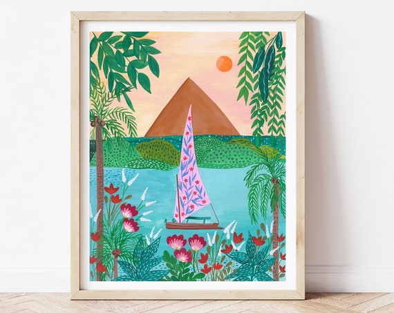 Egypt Travel Poster, Nile and Pyramid Art Print
