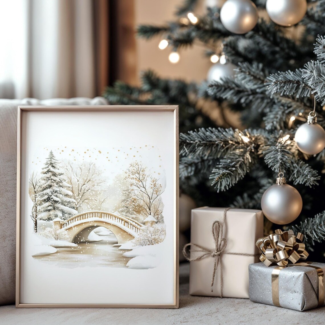 Winter Snowy Bridge Stone Arch Watercolor Christmas Scene Print