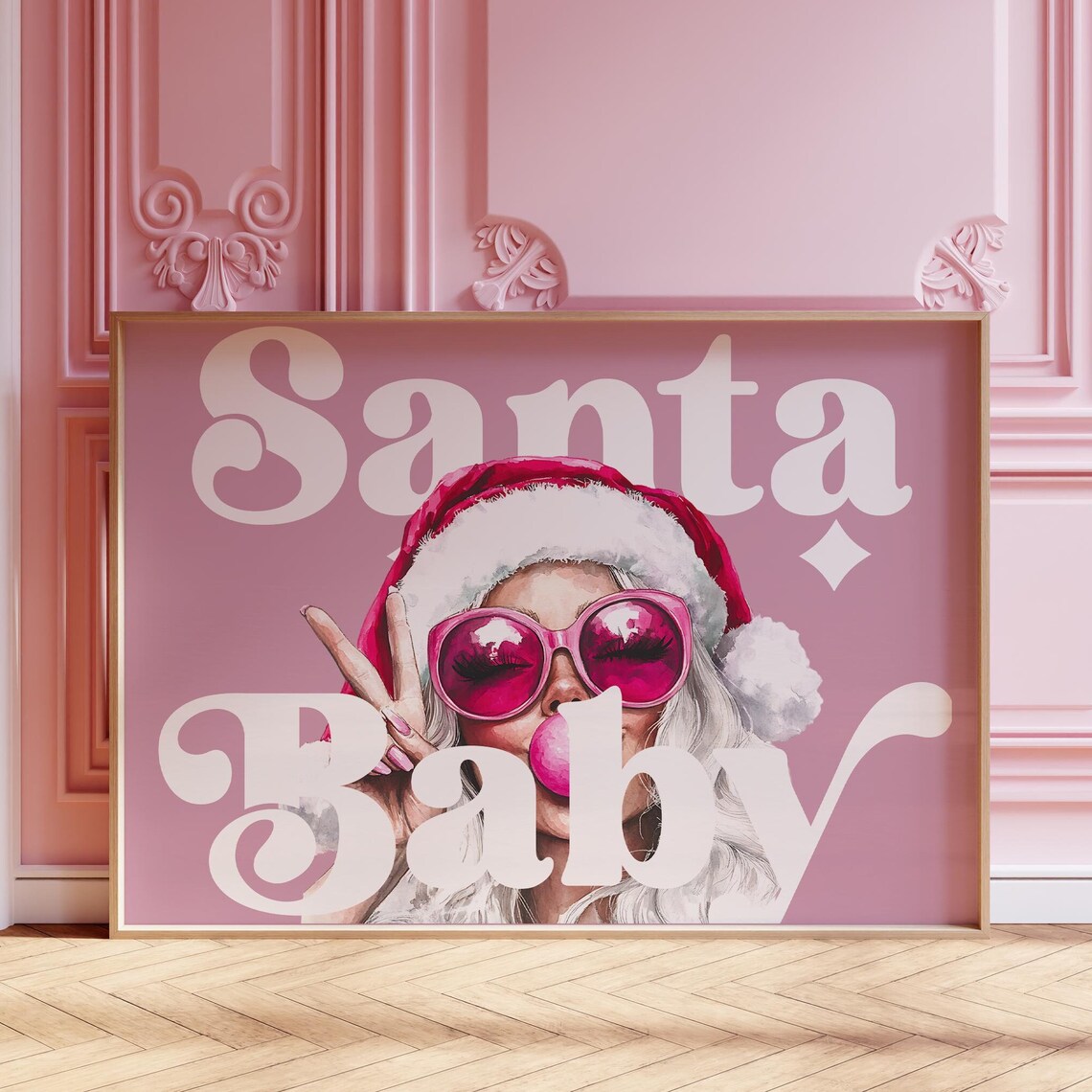 Santa Baby Pink Christmas Retro Girl Sunglasses Holiday Art Poster