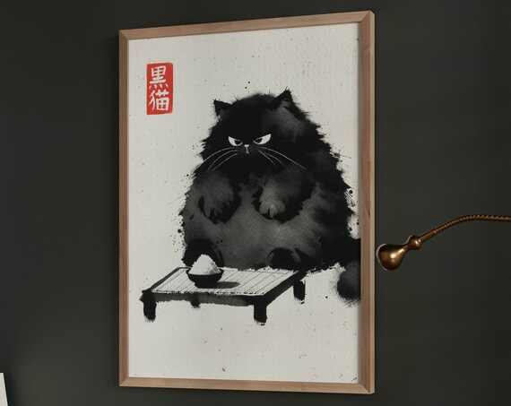 Grumpy Black Cat Japanese Sumi-e Ink Wash Painting Art Poster
