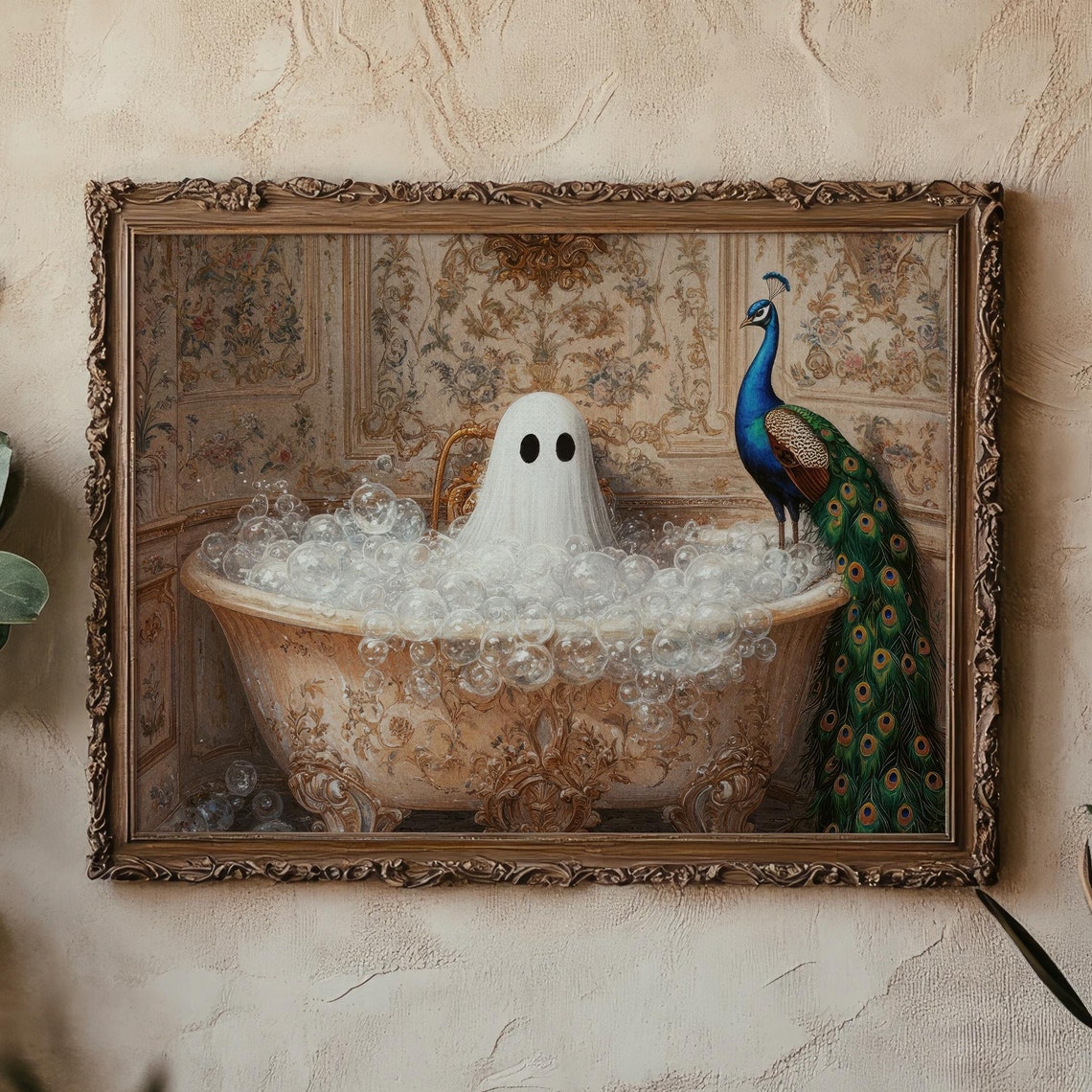 Whimsical Ghost Bubble Bath With Peacock Vintage Halloween Poster - Image 2