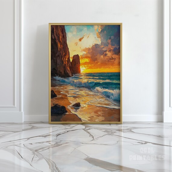 Dramatic Coastal Sunset Ocean Cliffs Impasto Oil Painting Wall Art
