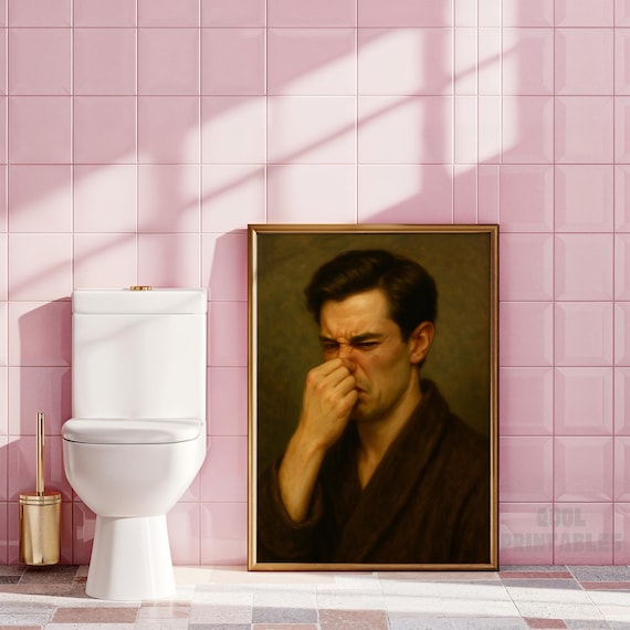 Funny Vintage Man Nose Pinch Bathroom Oil Style Portrait Wall Art