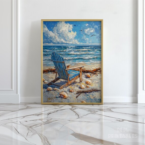 Blue Beach Chair Seashells Shore Impasto Ocean Painting Wall Art