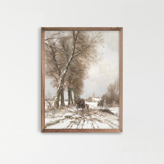 Horse Cart Snowy Rustic Country Road Winter Landscape Art Poster