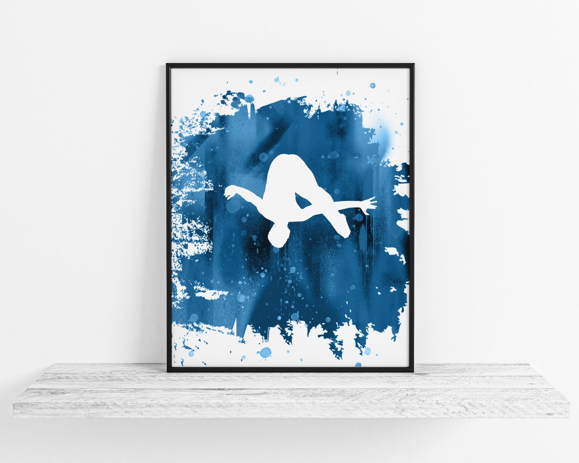 Blue Splash Diver Silhouette Watercolor Springboard Sports Poster