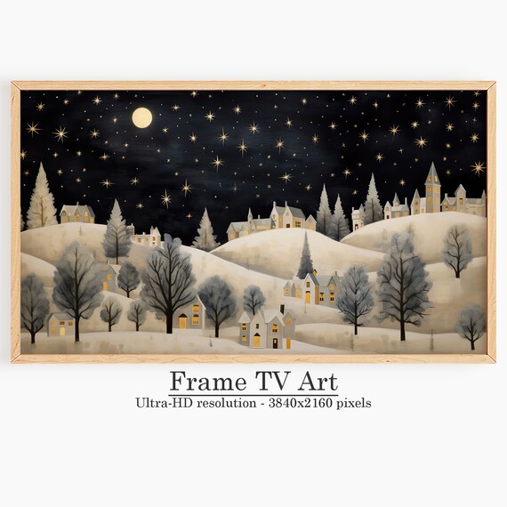 Winter Night Village Snowy Hills Full Moon Frame TV Art Holiday Print