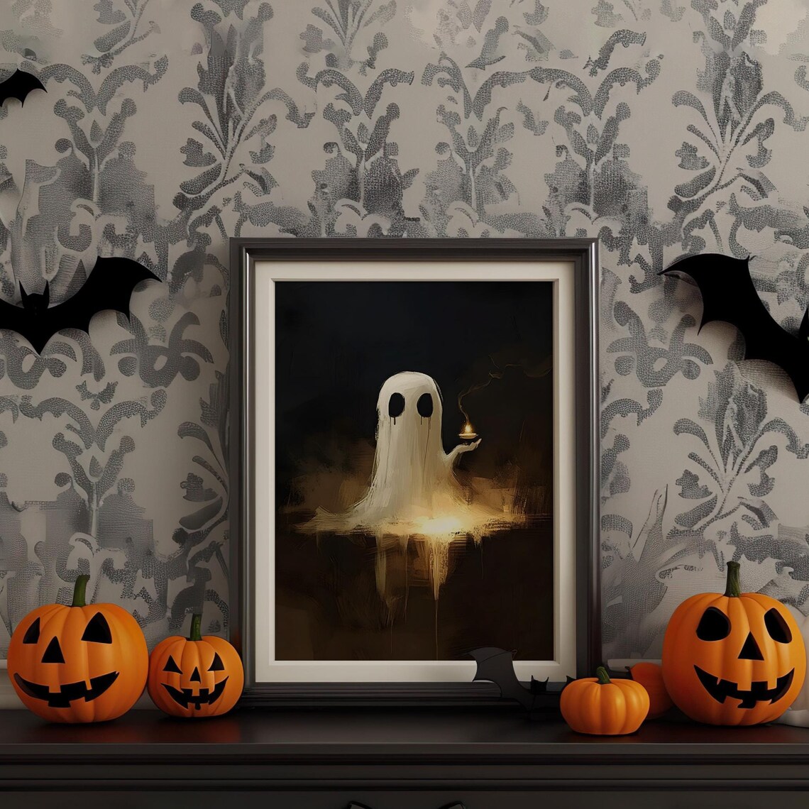 Ghost Holding Candle In Darkness Moody Vintage Halloween Poster