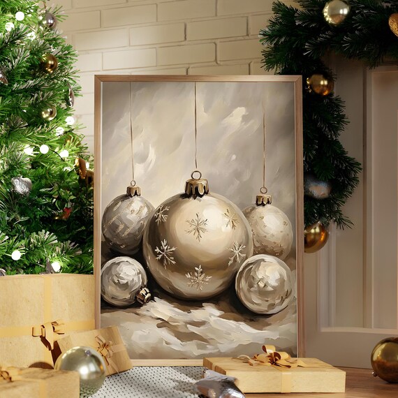 Silver and Gold Christmas Ornaments Still Life Painting Poster