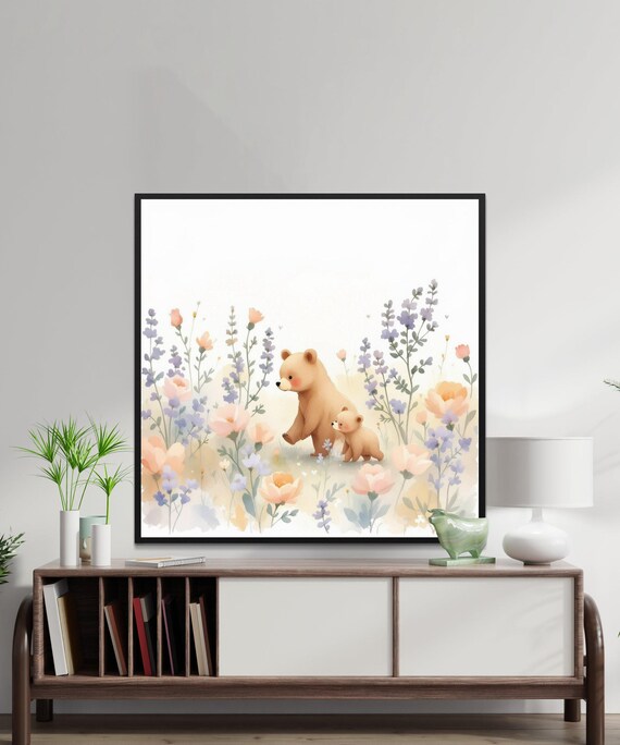 Wall Art Print Adorable Bear And Cub In Flower Field Watercolour Art Print Cute Animal Wall Art For Nursery Or Kids Room