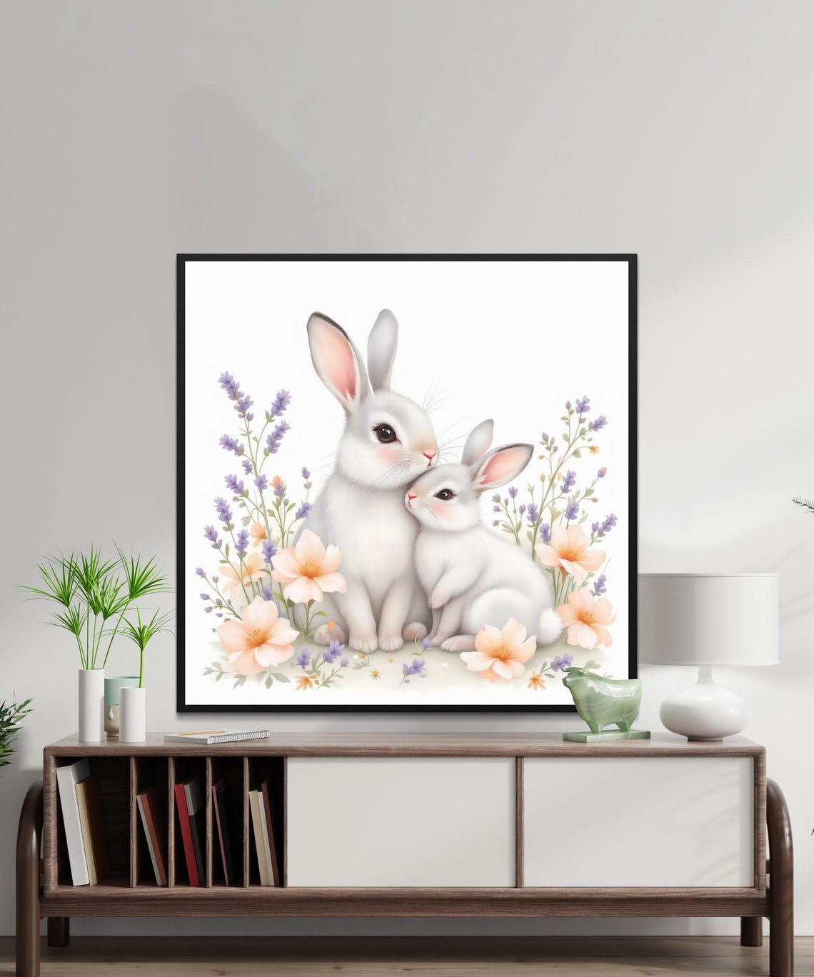 Two White Bunnies in Lavender Watercolor Nursery Animal Art Poster - Image 2