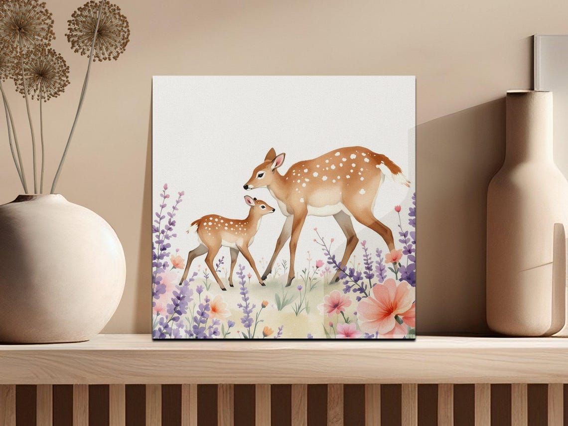 Mother Deer and Fawn in a Wildflower Field Watercolor Poster - Image 2