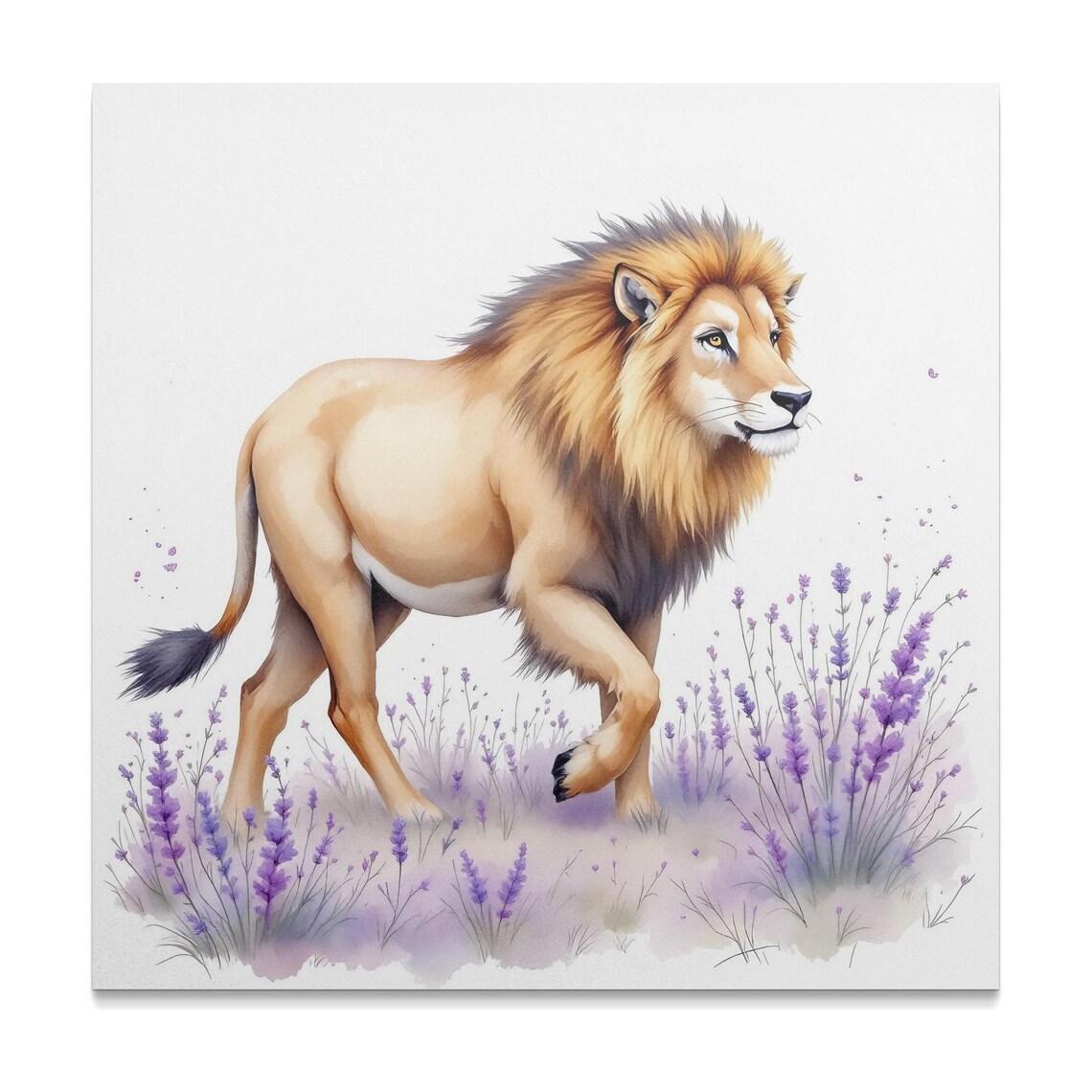 Majestic Lion Walking Through Lavender Watercolor Wildlife Poster - Image 3