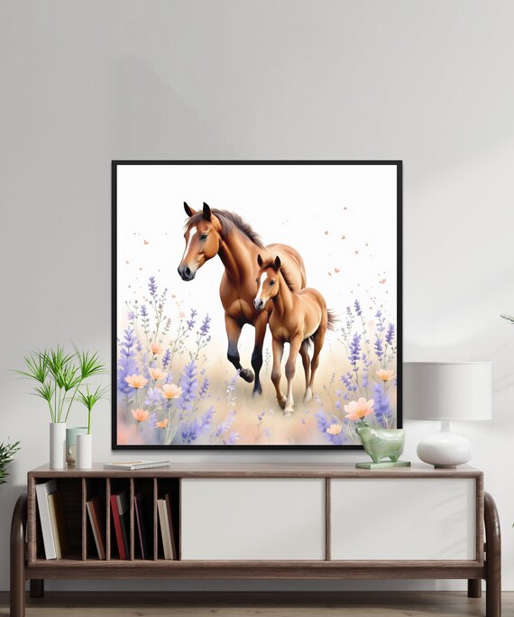 Horse and Foal Walking in a Lavender Meadow Watercolor Art Poster