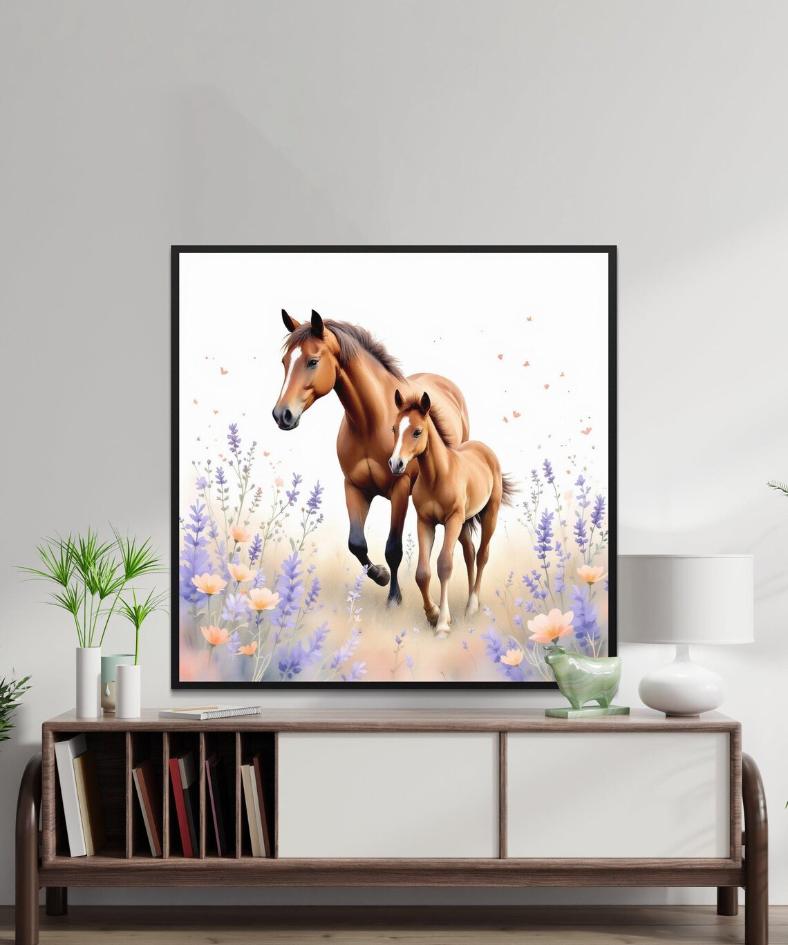 Horse and Foal Walking in a Lavender Meadow Watercolor Art Poster