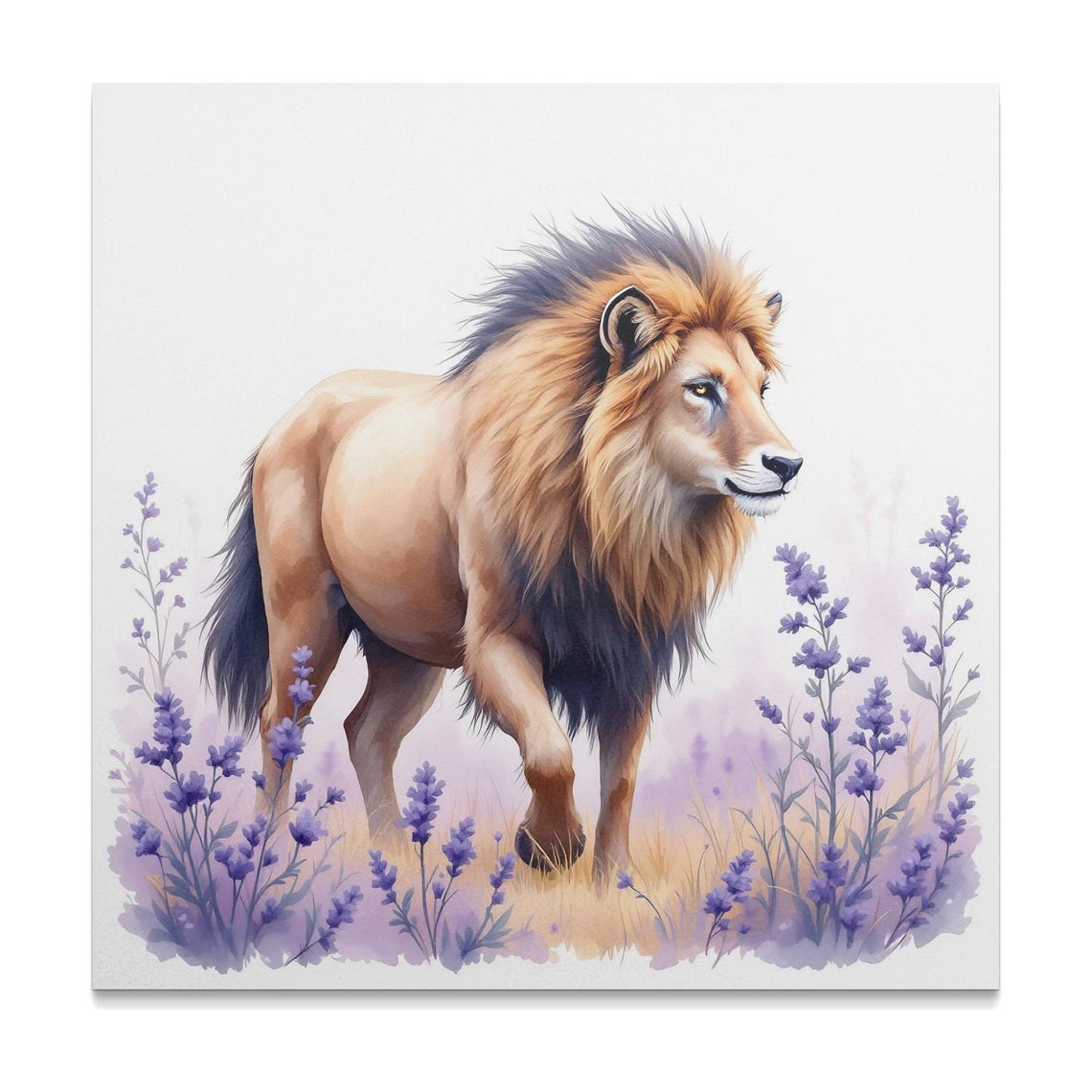 Majestic Lion Striding Through Lavender Watercolor Nature Poster