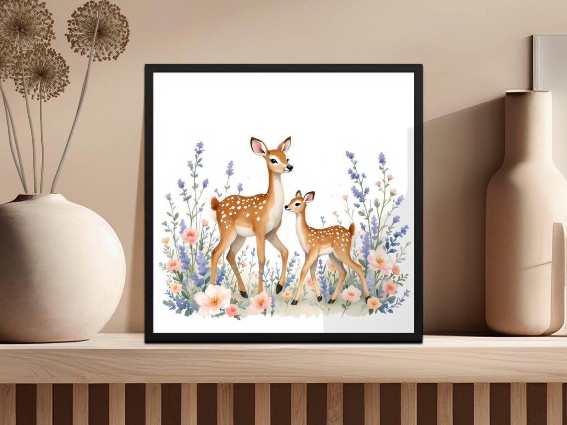 Deer and Fawn Walking Through Wildflowers Watercolor Nursery Poster - Image 3