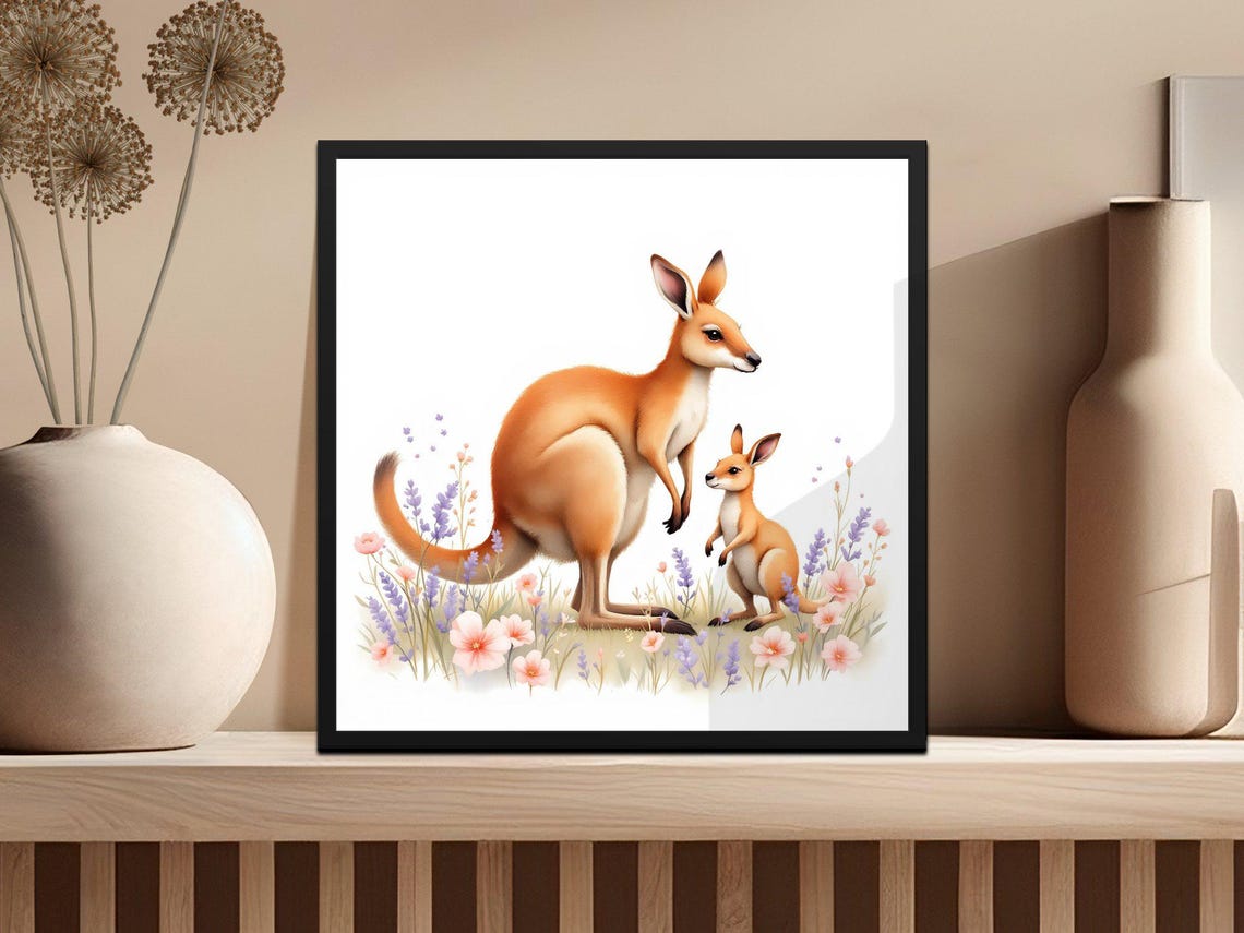 Mother Kangaroo and Joey in Lavender Watercolor Nursery Art Poster