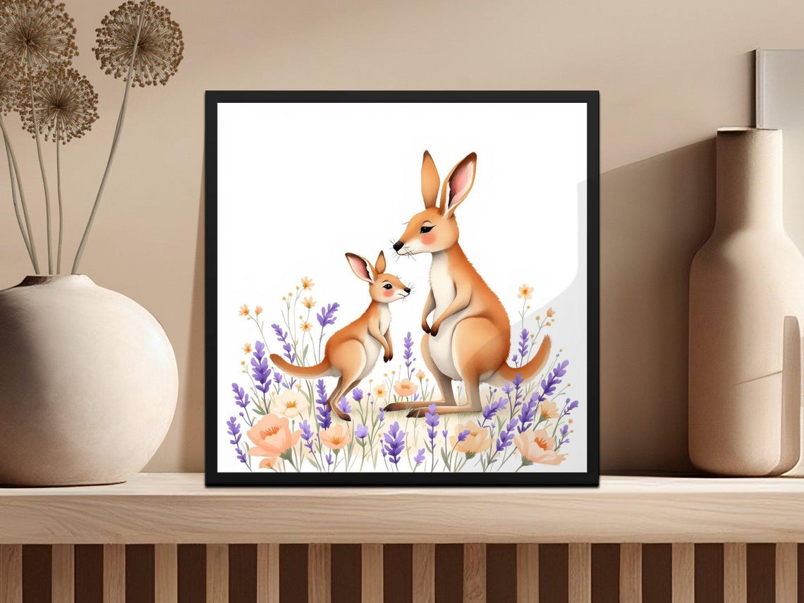Mother Kangaroo and Joey Among Wildflowers Watercolor Poster